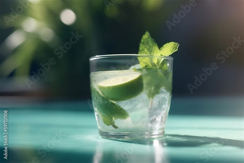 fresh mojito cocktail with lime and mint, and with water droplets and sun rays.