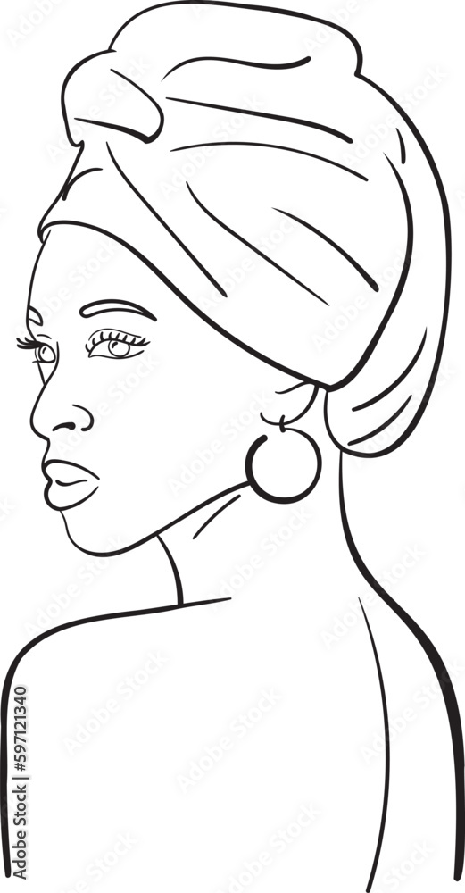 Portrait of young African woman in minimalistic modern style. Line drawing. - Vector illustration