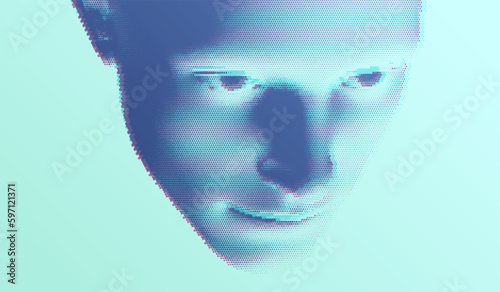 Face of man with glitch effect. Abstract men head made from dots. Pixel art. 3D vector illustration.
