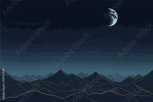 Hilly area with the moon in the sky. Lunar surface illustration. Vector illustration.