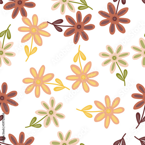 Hand drawn floral wallpaper. Cute flower seamless pattern. Naive art style.