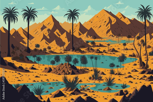 An oasis in the desert. Illustration of an oasis in a desert area. Oasis vector illustration.