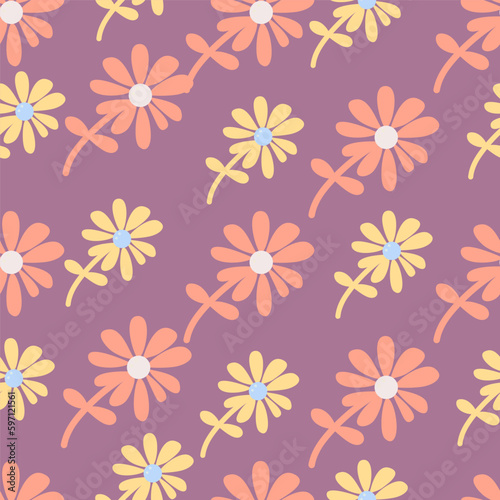 Chamomile flower seamless pattern in naive art style. Cute little daisy floral ornament wallpaper.