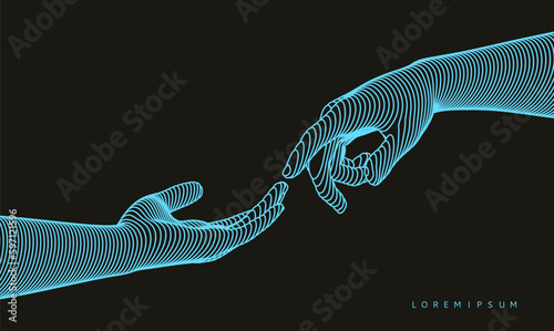 Hands reaching towards each other. Concept of human relation, togetherness or  partnership. 3D vector illustration. Can be used for advertising, marketing or presentation.