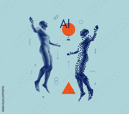 Leadership, freedom or development concept. Astral travel out of body. Reincarnation spiritual concept. Flying man in zero gravity. Art composition in сoarse and fine style. Levitation act. 3D vector.