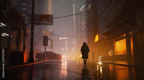 people walking in the city, a Busy futuristic cyberpunk street with cybernetic people, cyberpunk cars on the ground and cars flying in the sky, in distance cybernetic girl, Generative AI