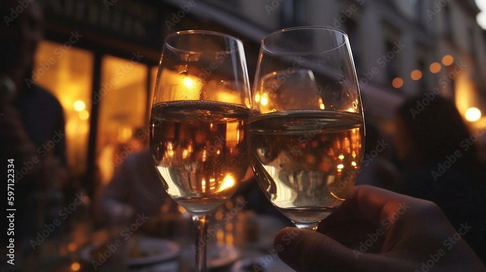 Obraz premium evening street cafe party,people with glasses of wine relaxing old town city,generated ai
