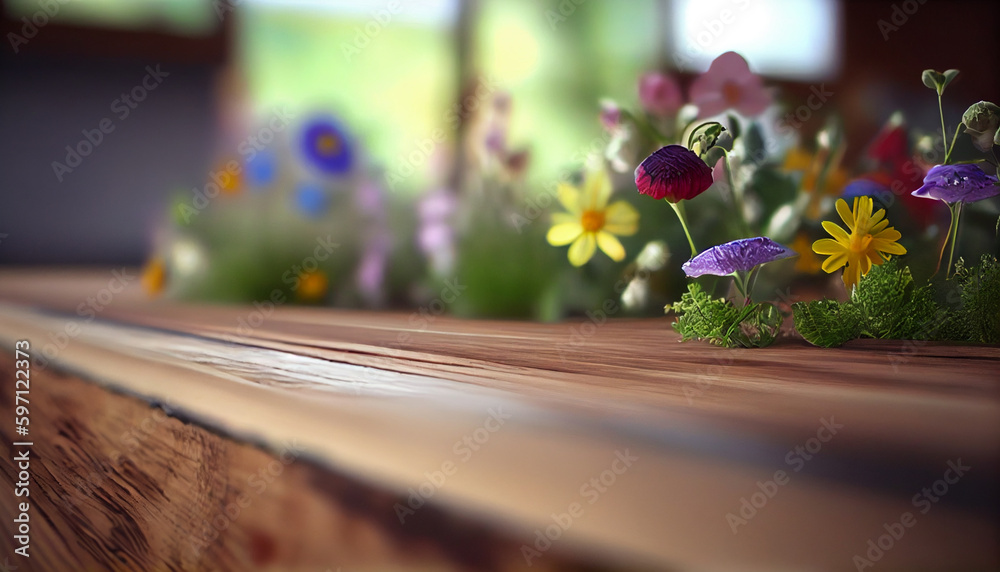 empty wooden counter top on blurred wild flowers