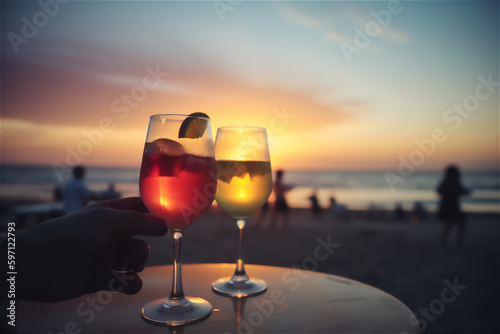 cocktail glasses against a stunning sea background, with blue waters and warm sand sunset