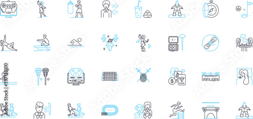 Recreational pursuits linear icons set. Sports, Hiking, Camping, Biking, Kayaking, Swimming, Fishing line vector and concept signs. Hunting,Surfing,Scuba outline illustrations