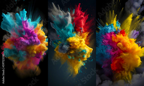 Color paint powder explosion, cloud of ink splash abstract background. Dye splash of colorful blend of powder explosion. Mobile vertical walpaper set. Сreative abstract background generative ai.