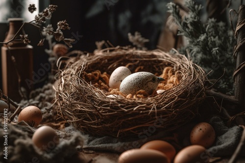 Bird's egg lay with chicken in cozy nest. Generative AI © Eris