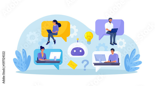 Customers talking with chatbot. People chatting with robot, asking questions and receiving answers. Artificial Intelligence in marketing. FAQ. Chat bot virtual assistant. Customer support