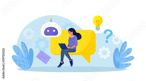 Customer talking with chatbot. Person chatting with robot  asking questions and receiving answers. Artificial Intelligence in marketing. FAQ. Chat bot virtual assistant. Customer support