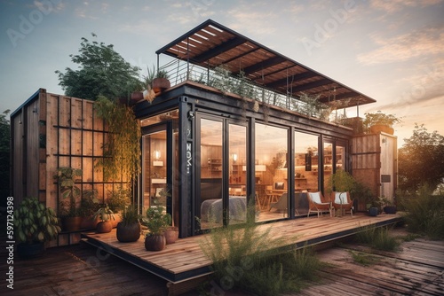 Eco-friendly container home with solar panels. Generative AI