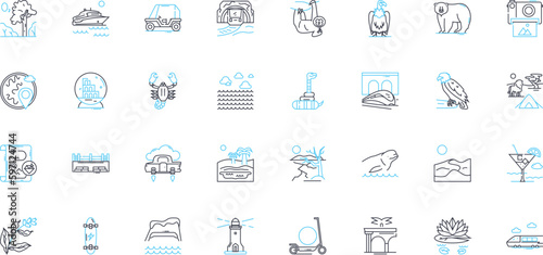 Adventure travel linear icons set. Thrill, Expedition, Exploration, Adrenaline, Trekking, Excursion, Safari line vector and concept signs. Quest,Explore,Challenge outline illustrations