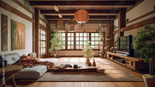 Living room for interior architecture with Japan style, Rustic Japanese style with a focus on natural materials