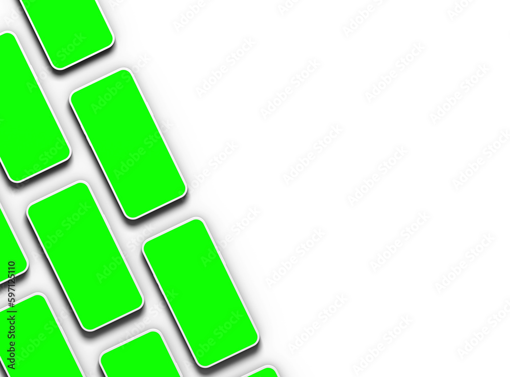 Unbranded white smartphones Template with easily changeable green screens on a transparent background.