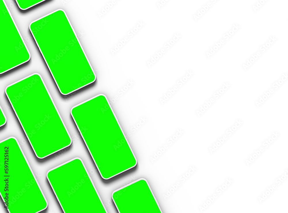 Unbranded white smartphones Template with easily changeable green screens on a transparent background.