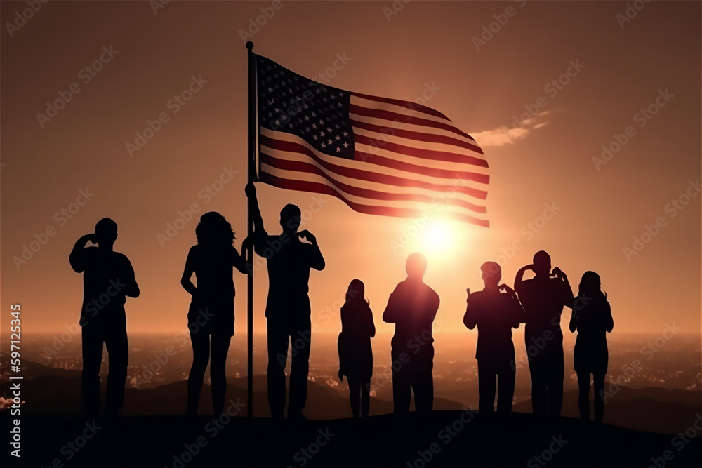 silhouettes of people holding the USA flag, celebrating the nation's independence day