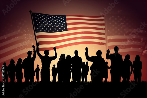 American flag being held up by a group of silhouetted people, the country's independence day.
