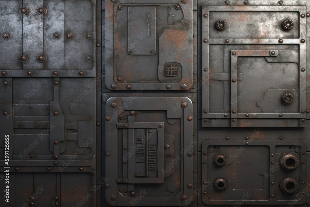 Metal industrial background with rivets and lockers. Generative Ai