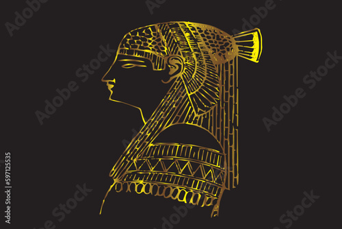 Gold silhouette of aegypt woman with a crown on a black background.