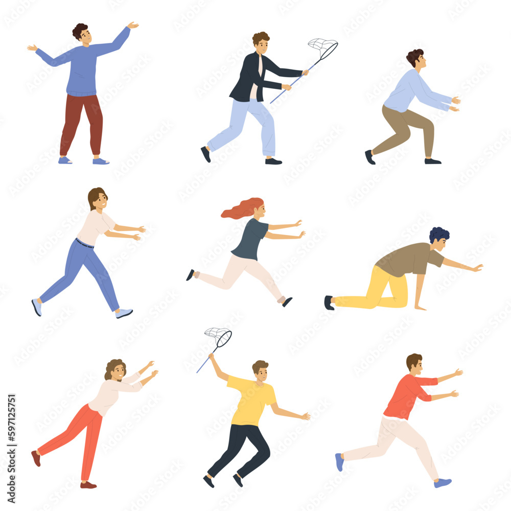 Isolated Catching People Flat Icon Set Isolated Catching People Flat Icon Set
