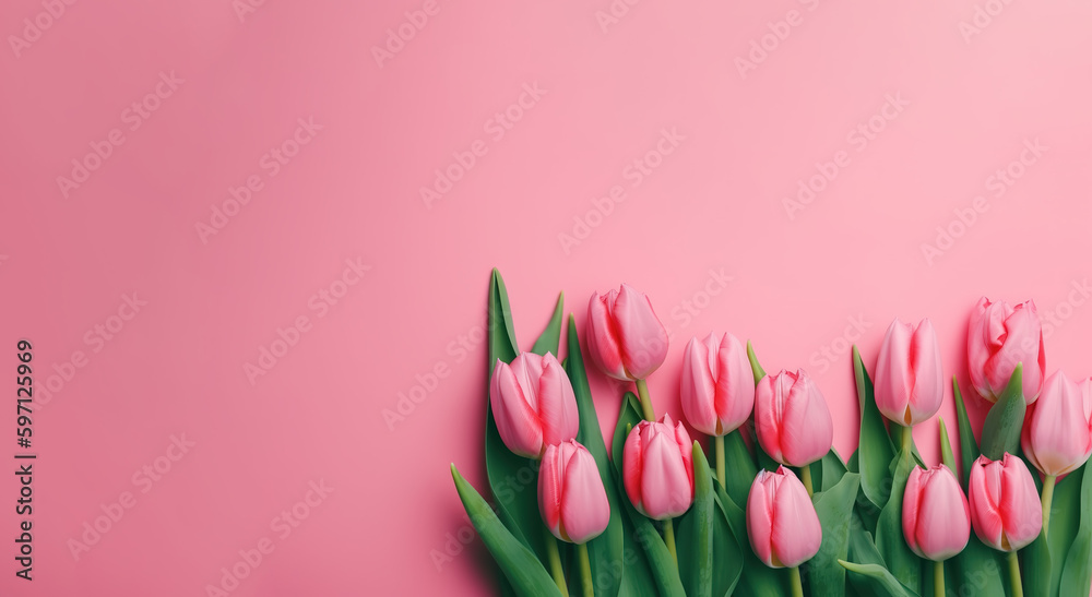 Fototapeta premium Spring tulip flowers on pink background top view in flat lay style - Generative AI