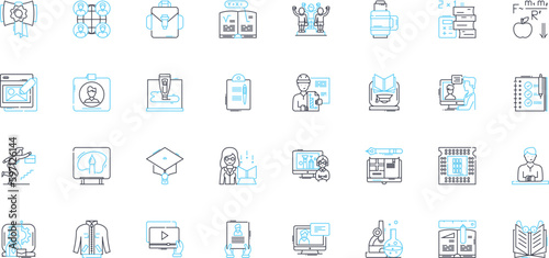 Primary school linear icons set. Education, Learning, Curriculum, Teacher, Classroom, Student, Playground line vector and concept signs. Friends,Socialization,Extracurricular outline illustrations