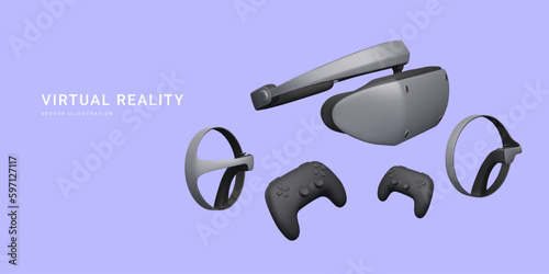 3d realistic virtual reality glasses, gamepads and gaming controller isolated on light background. Time to game concept. Vector illustration