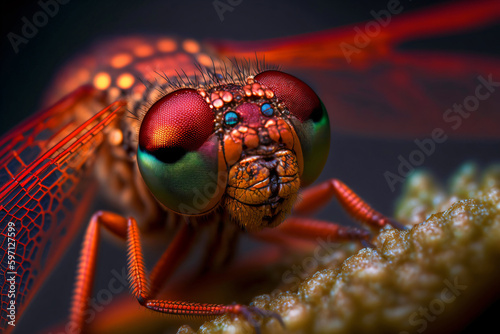 close up of a red fire dragonfly, generative ai