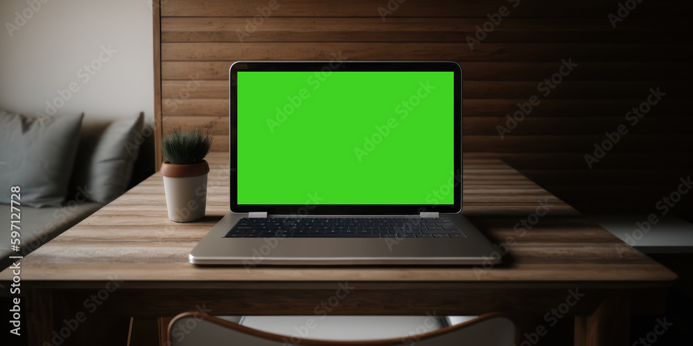 Generative AI image of office desk with laptop with chroma green screen. Stylish home office interior with comfortable workplace. Workspace. Generative AI image of office desk with laptop with chroma green screen. Stylish home office interior with comfortable workplace. Workspace.