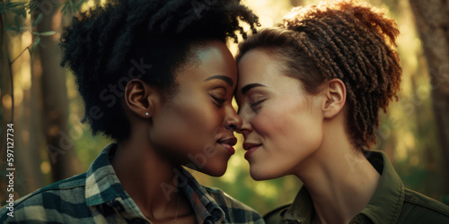 Generative AI image of loving young lesbian multiracial couple kissing on the forest at sunset. African american woman with afro hair having a tender moment with her caucasian girlfriend.