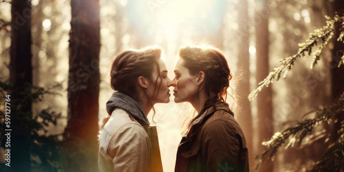 Generative AI image of loving young lesbian couple kissing on the forest at sunset. Love, romantic date, human relationships.