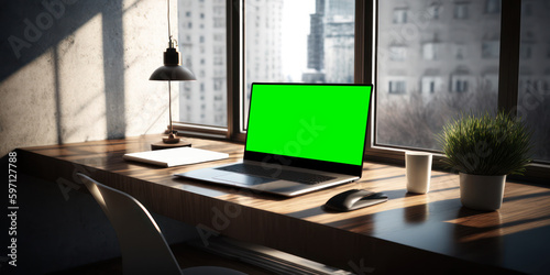 Generative AI image of office desk with laptop with chroma green screen, with mock up and tea near big window. Stylish home office interior with comfortable workplace, with views of the city. Workspac