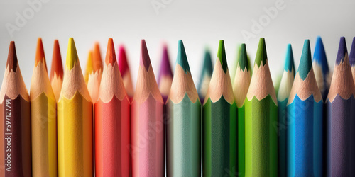 Generative AI image of multicolored pencils row over white background.