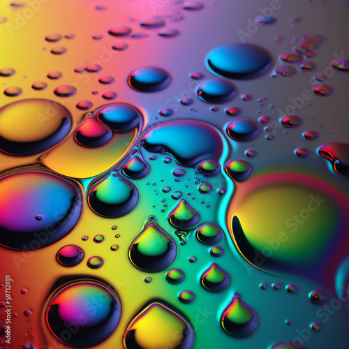 Fondo abstracto con detalle de multiples gotas de tonos iridiscentes y reflejos de colores