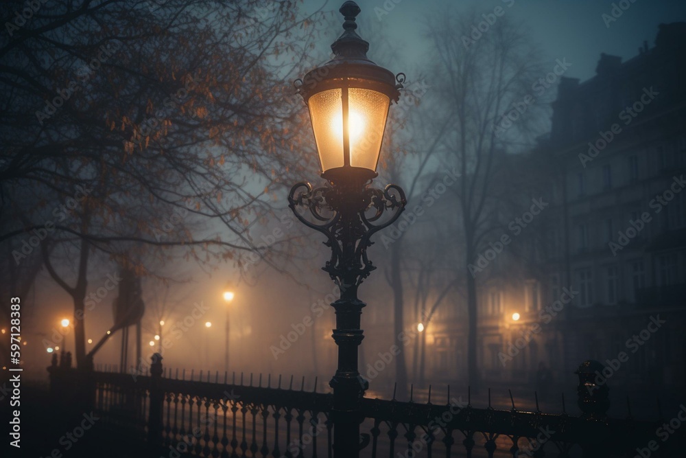 Bright lamp post illuminates foggy evening. Generative AI