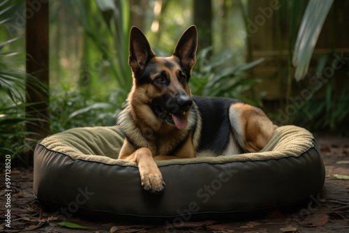 Full-length portrait photography of a happy german shepherd sleeping in a dog bed against bamboo forests background. With generative AI technology
