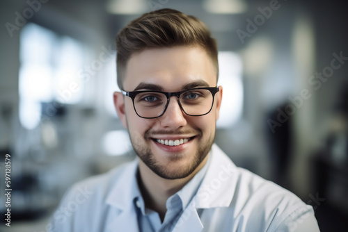 Resident or lab employee smiles friendly into camera - medical, lab or medical profession theme - Generative AI