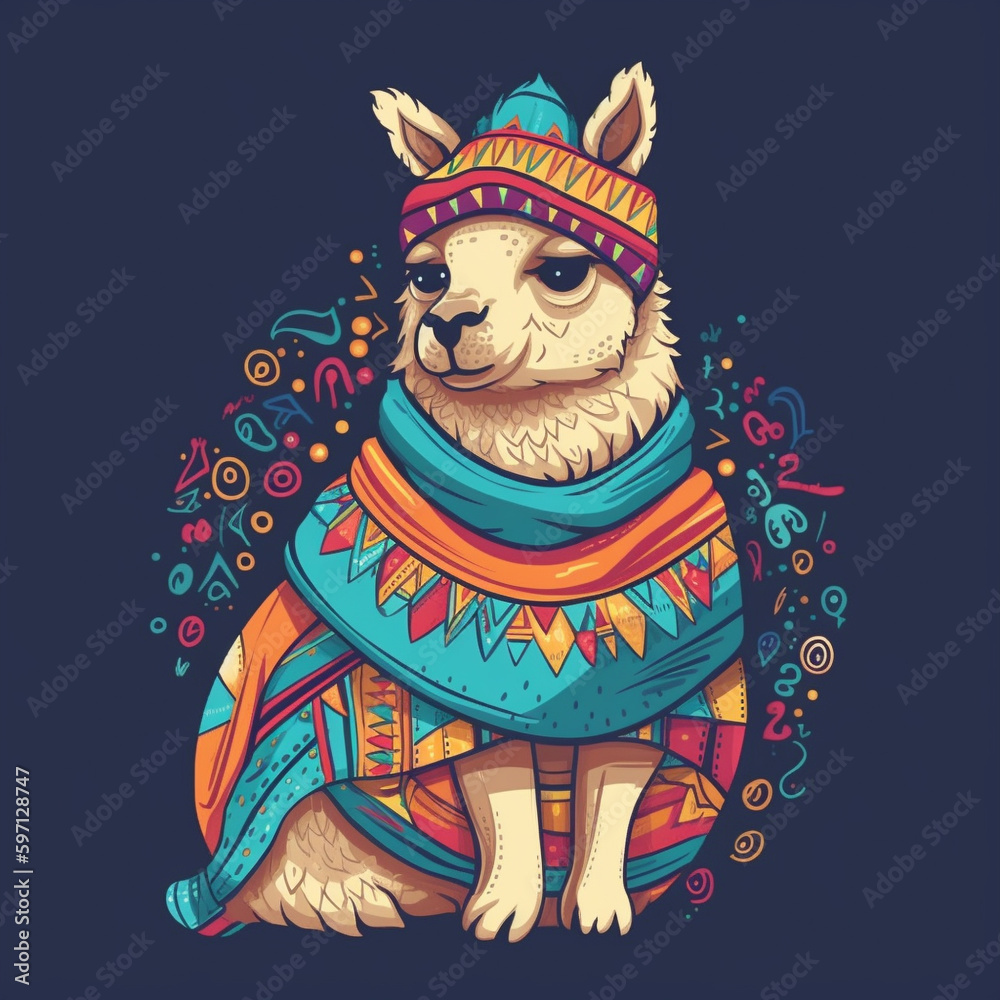 quirky llama with a colorful blanket on its back, always ready to spit some humor and cheer up its friends ai generated
