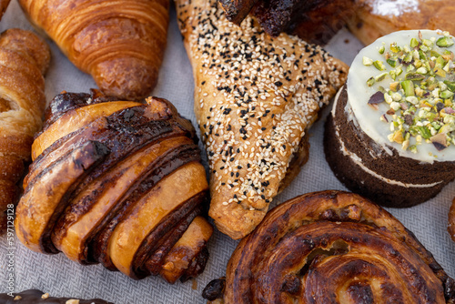 sweet pastry assortment top view.french pastries.Many mixed breads and rolls shot from above.
