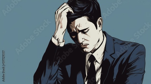 頭を抱えて悩むスーツの男性：AI作品
