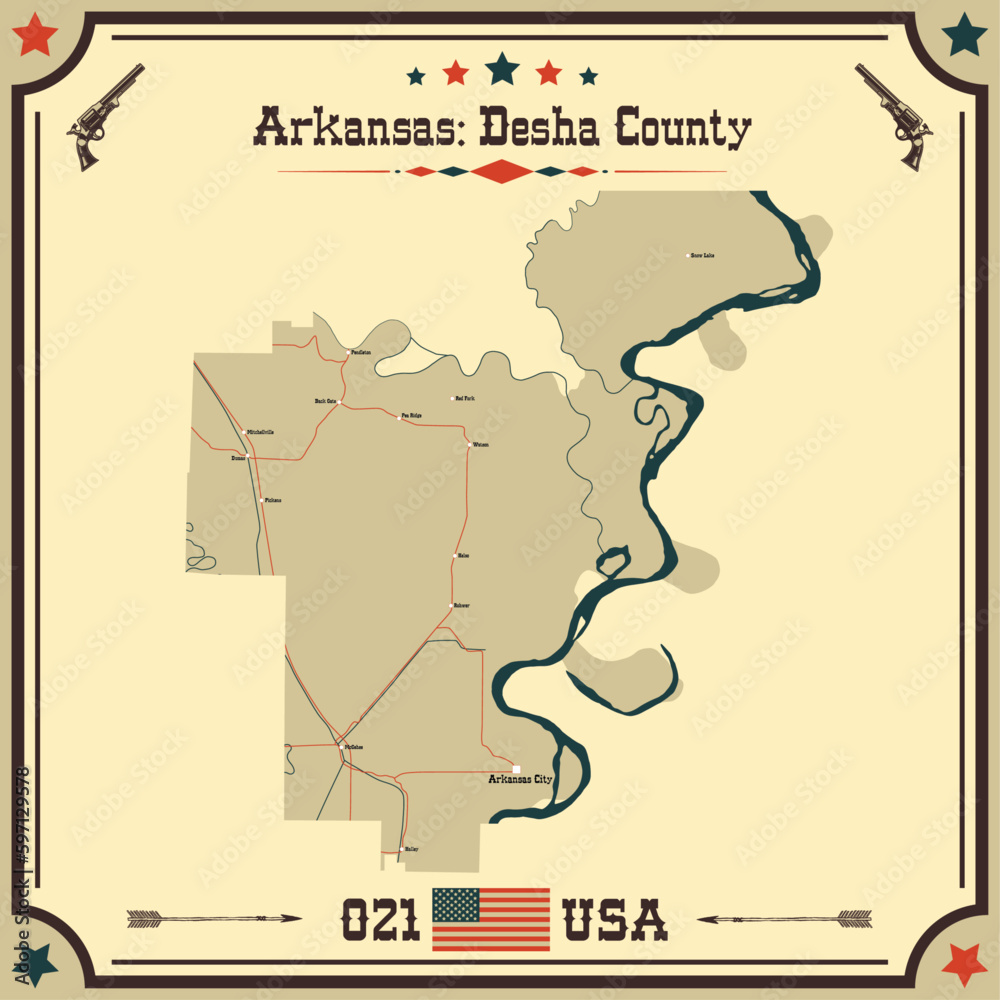 Large and accurate map of Desha County, Arkansas, USA with vintage colors.