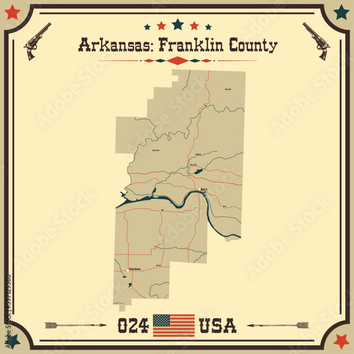 Large and accurate map of Franklin County, Arkansas, USA with vintage colors.