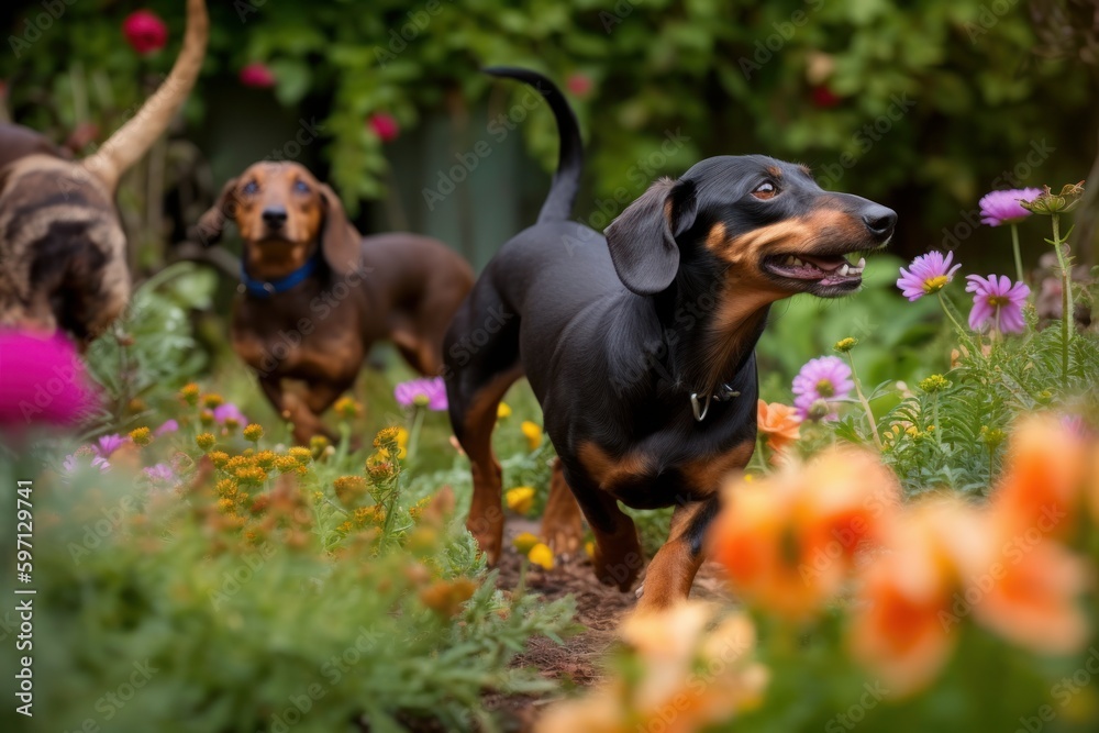 Environmental portrait photography of an aggressive dachshund playing with a group of dogs against colorful flower gardens background. With generative AI technology Environmental portrait photography of an aggressive dachshund playing with a group of dogs against colorful flower gardens background. With generative AI technology