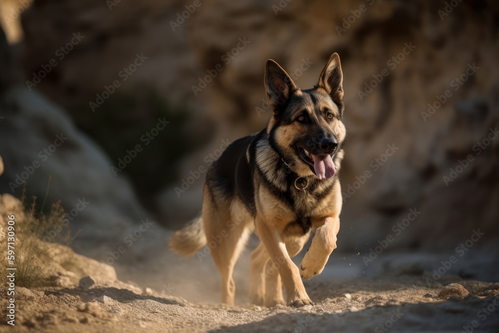 Environmental portrait photography of a happy german shepherd running against old mines and quarries background. With generative AI technology Environmental portrait photography of a happy german shepherd running against old mines and quarries background. With generative AI technology