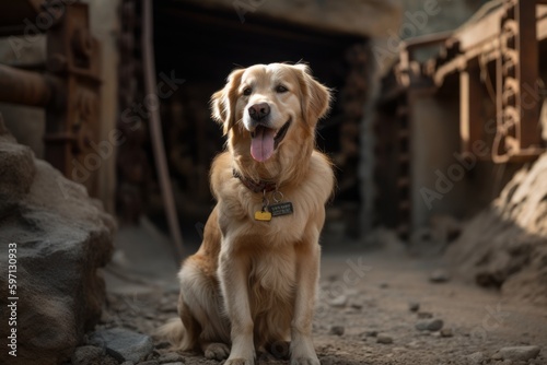 Environmental portrait photography of a happy golden retriever sitting against old mines and quarries background. With generative AI technology