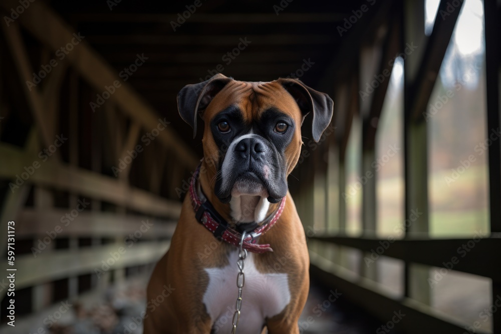 Medium shot portrait photography of a happy boxer dog holding a leash in its mouth against covered bridges background. With generative AI technology